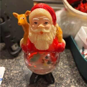 Vintage 1970's Bright Star Mfg. Plastic Santa Claus Holding Reindeer Snow Globe